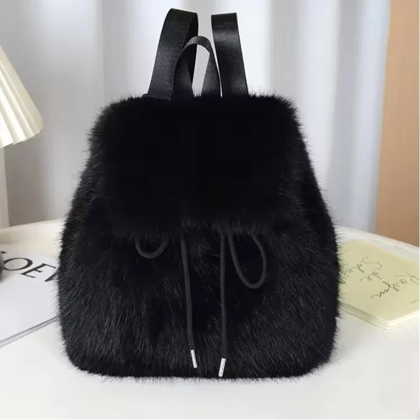 2026 Casual Faux Fur Backpack for Women Drawstring Flap Closure Large Capacity School Bag Trendy Travel