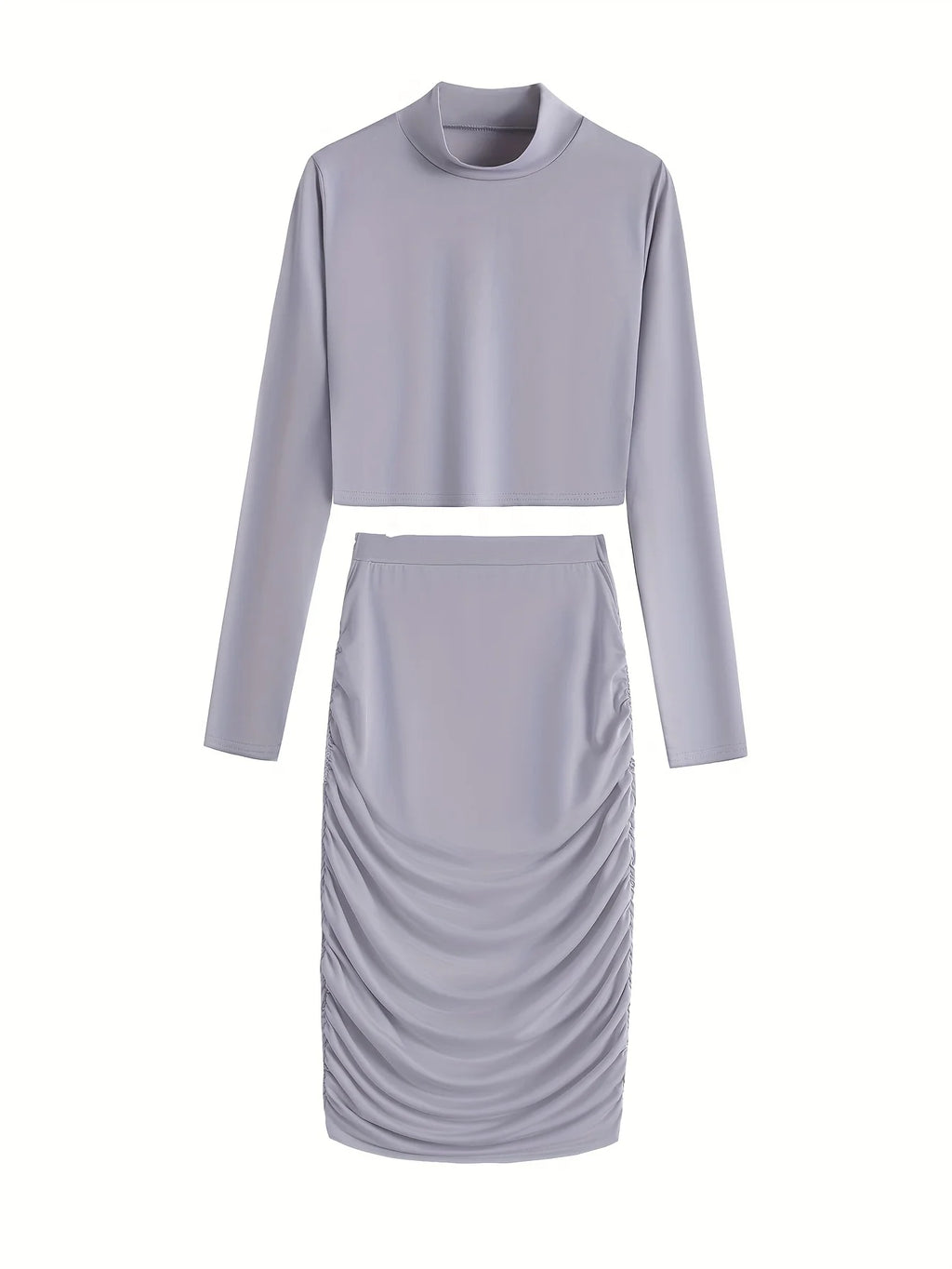 Sexy Bodycon 2pcs Set Long Sleeve Crop Top & High Waist Ruched Skirt Women's Clothing