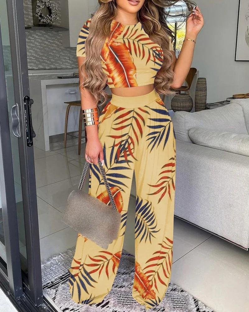 Summer Casual Fashion Two-piece Set Female Solid Short Sleeve O-Neck Tops & Floral Print Wide Leg Pants Outfits Women's Clothing