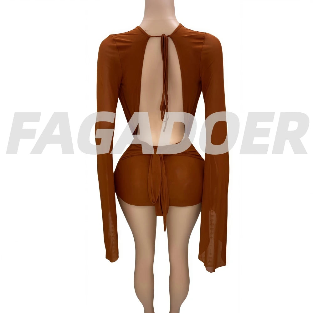 FAGADOER Sexy Mesh See Through Mini Bodycon Dress Women Long Sleeves Deep V-neck Irregular Dresses Female Streetwear Vestidos