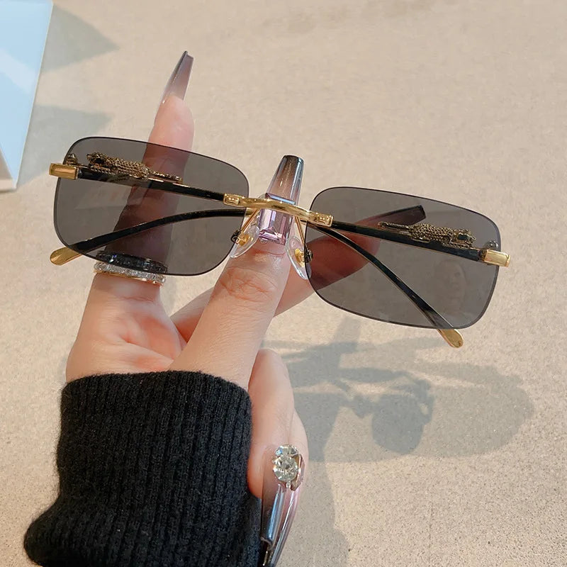 12pcs New Rimless Small Rectangle Sunglasses Fashion Y2K Frameless Sun Glasses Shades Leopard Decoration For Women Men UV400