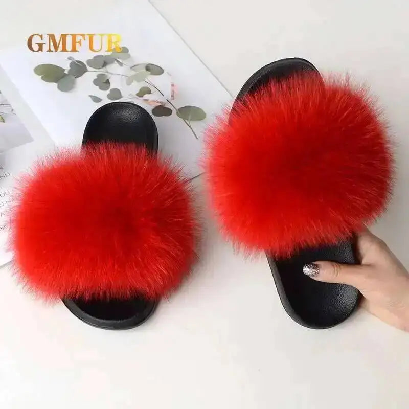 Ladies Real Fox Fur Slippers Summer Female Slides New Fuzzy Indoor Home Flats Women Cute Sandals Outdoor Beach Shoes Flip Flops