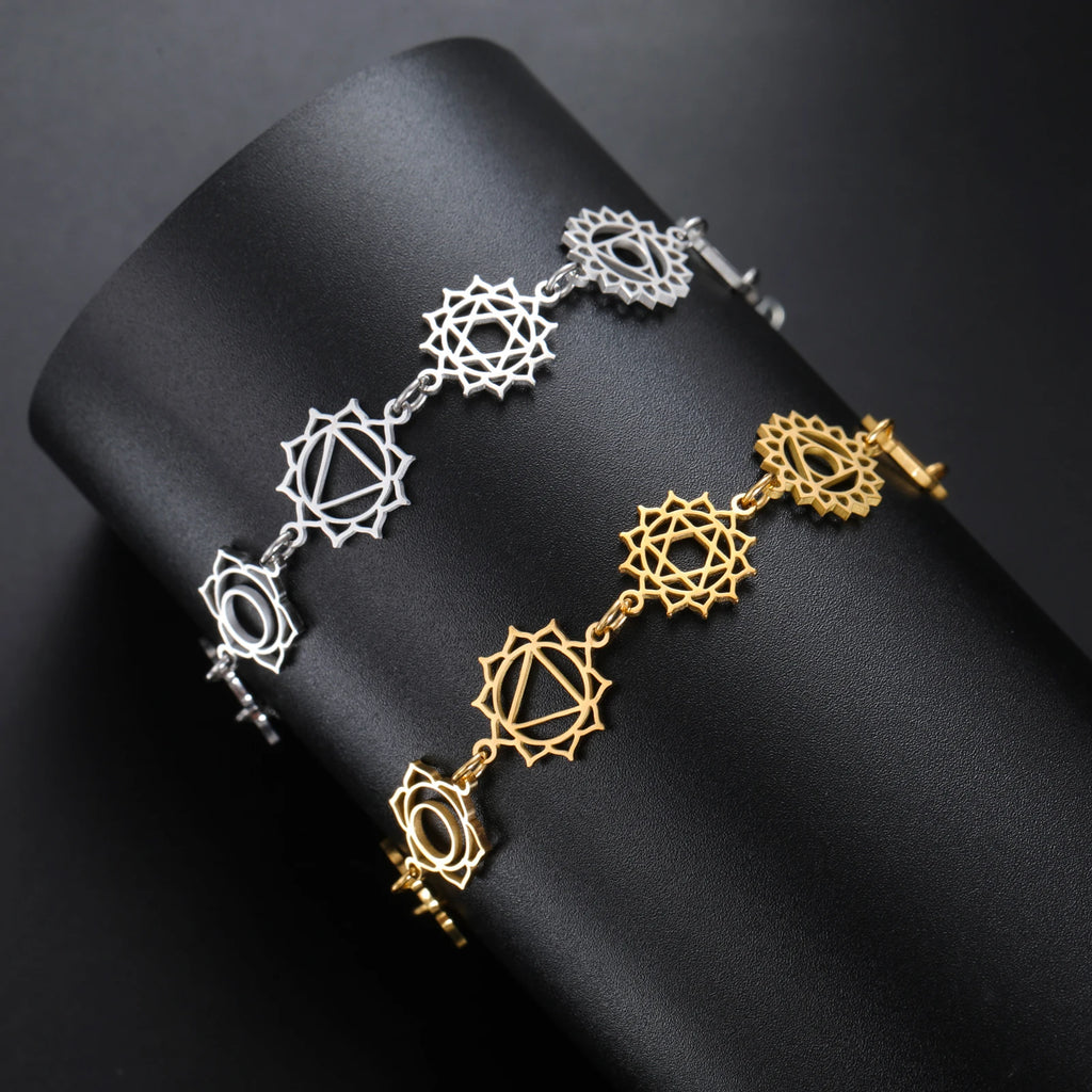 Cazador Yoga 7 Chakra Flower Charms Women's Bracelets Stainless Steel Gold Color Jewelry Hand Bracelet Meditation Amulet Gifts