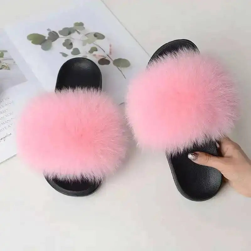 Ladies Real Fox Fur Slippers Summer Female Slides New Fuzzy Indoor Home Flats Women Cute Sandals Outdoor Beach Shoes Flip Flops