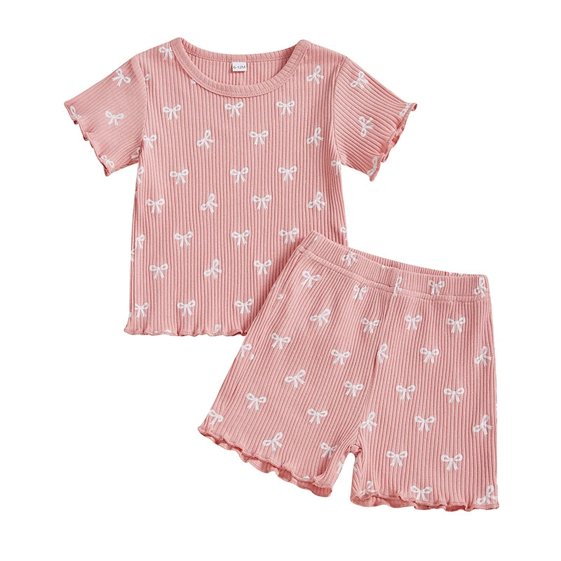 2024-12-09 Lioraitiin Toddler Baby Girl Bow Ribbed Outfit Lettuce Trim Short Sleeve Tops Elastic Waist Shorts Summer Set