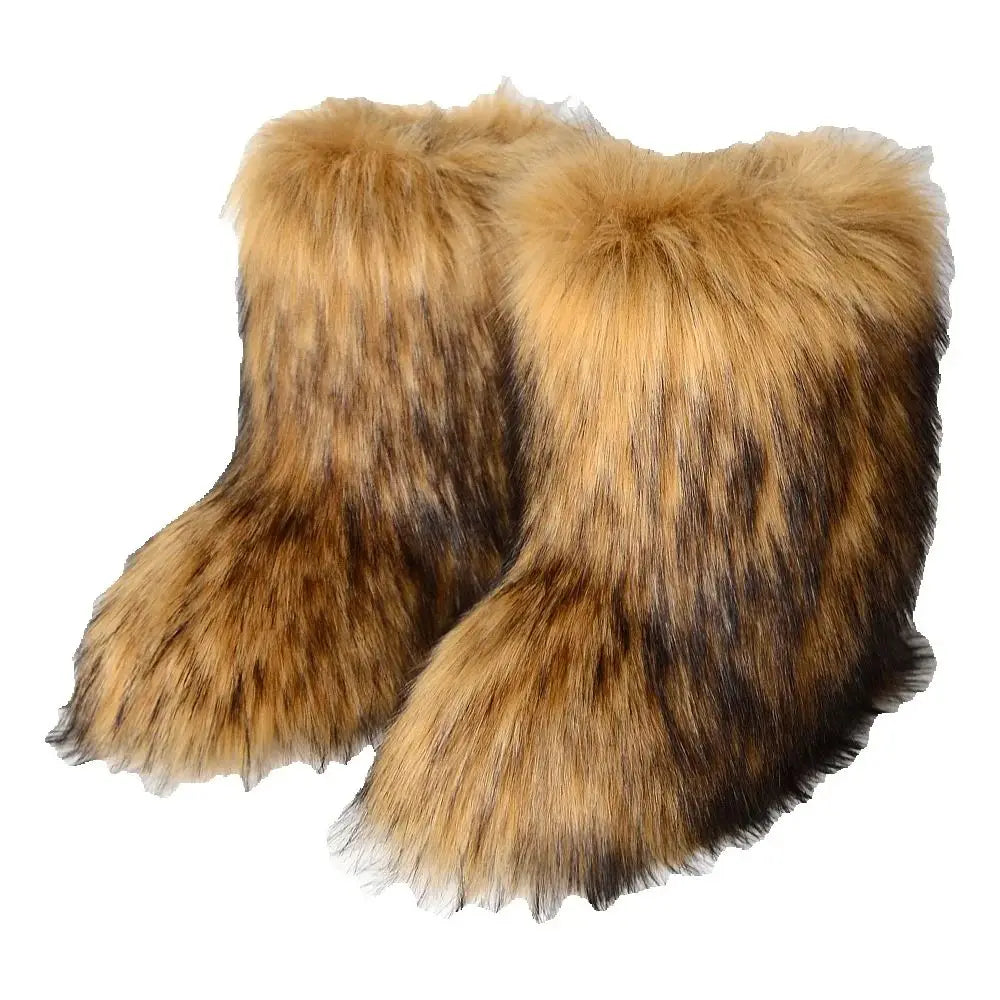 New Winter Fur Onepiece Raccoon Fur Female Snow Boots Fur Shoes Outdoor Mid Leg Boots