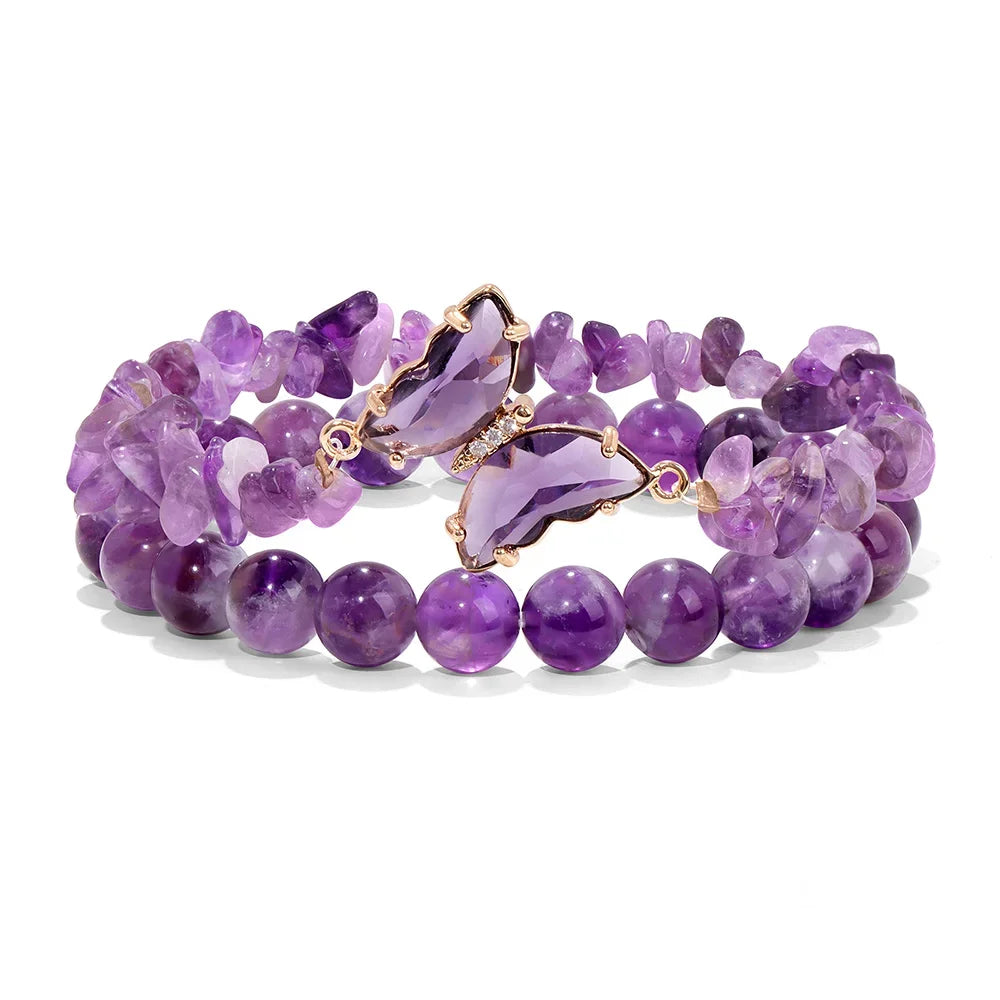 2pcs Rose Quartzs Beaded Bracelet Crystal Butterfly Charm Natural Stone Gravel Chip Round Beads Bracelets For Women Men Jewelry