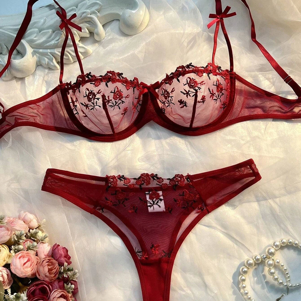 New Pink Bra Women Lingerie Set Ladies Embroidery Floral Bras Underwear Sets