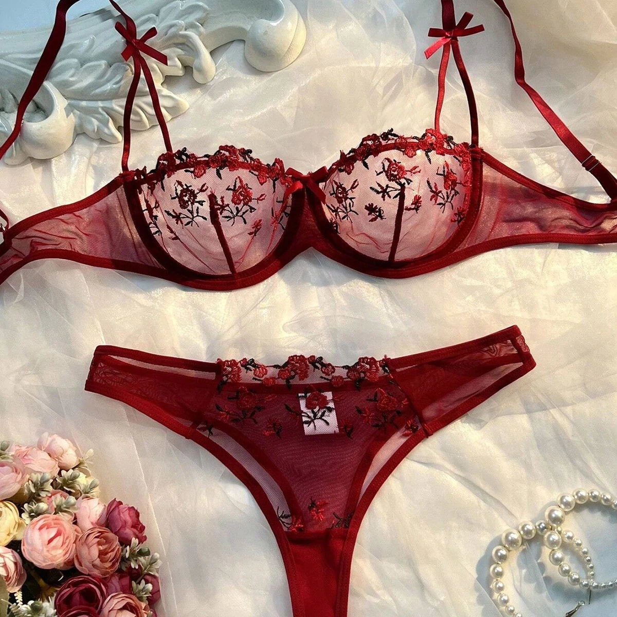 Pink Floral Embroidery Lingerie Set