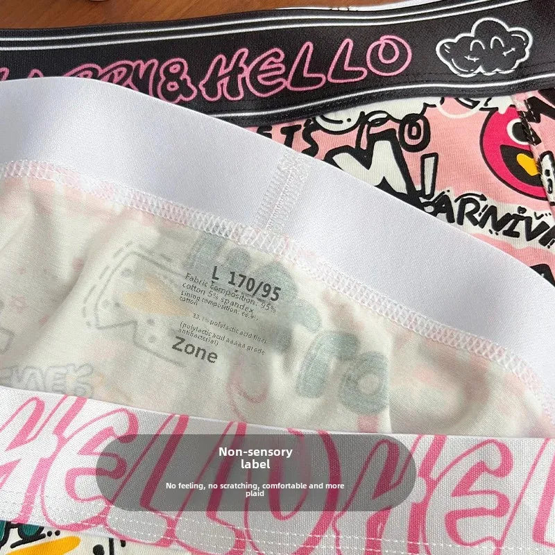 Trendy Pink Cotton Boxer Shorts for Men Cute Cartoon Design Bagged Four Corner Briefs Comfortable Breathable Men's Underwear