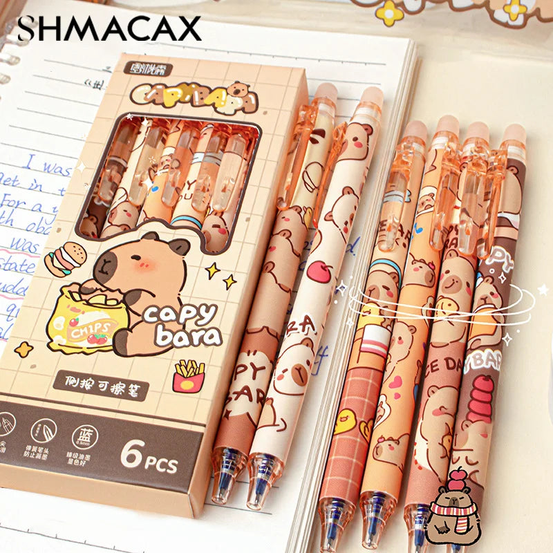 6Pcs Cute Capybara Erasable Pen Blue Ink Writing Smooth Quick-Drying Pens School Office Accessories Students Stationery Gift