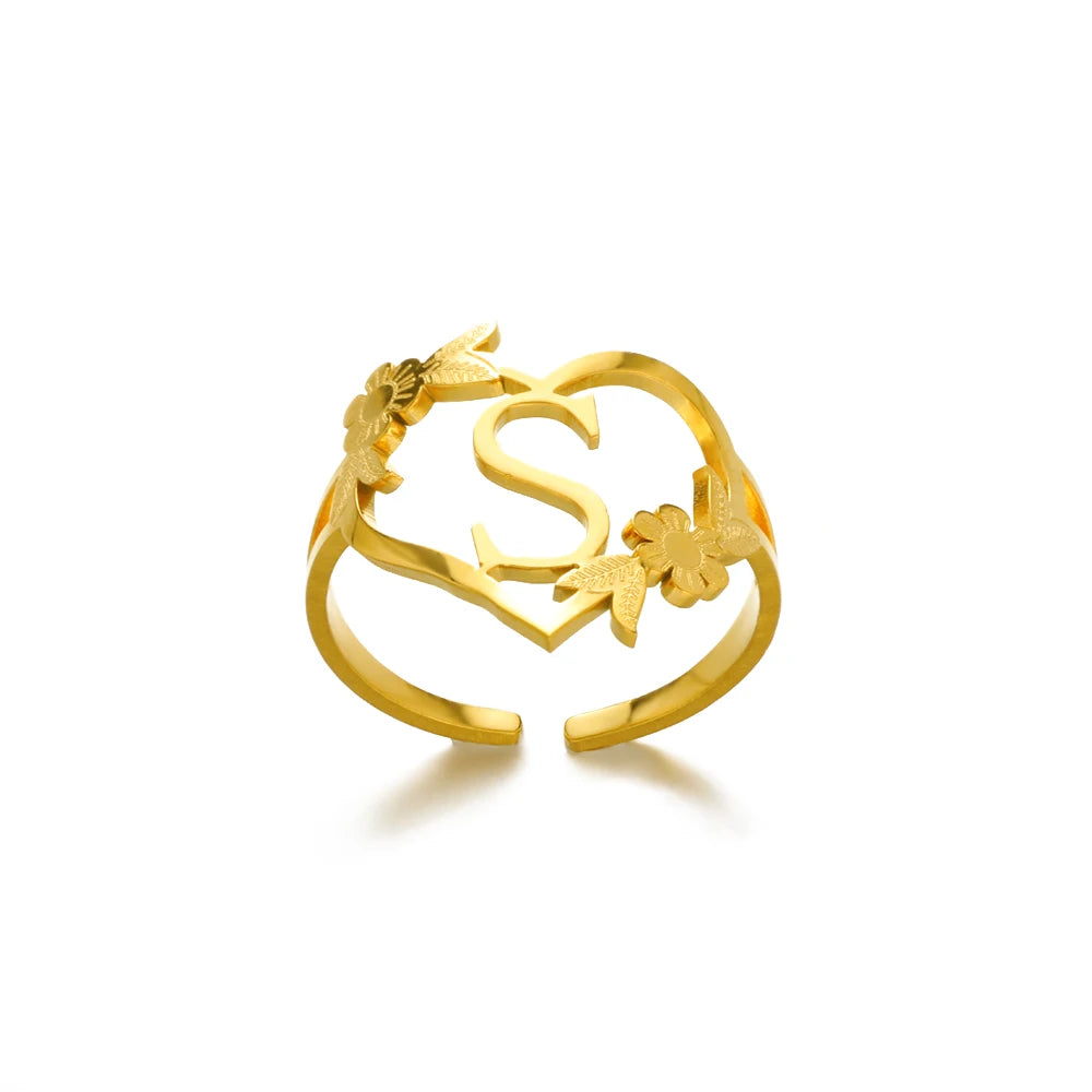 Stainless Steel Gold Color Heart A-Z Letter Rings For Women Anillos Mujer Love Open Initials Name Alphabet Ring Jewelry Gift