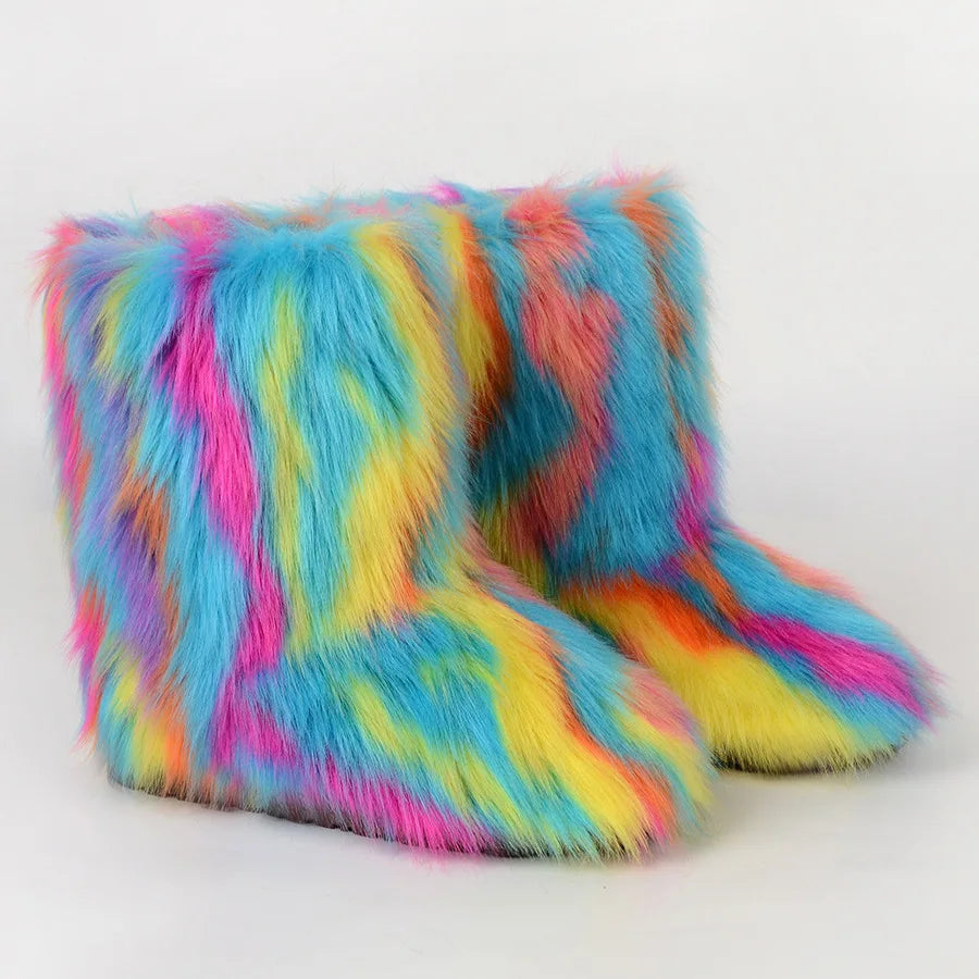 New Winter Fur Onepiece Raccoon Fur Female Snow Boots Fur Shoes Outdoor Mid Leg Boots