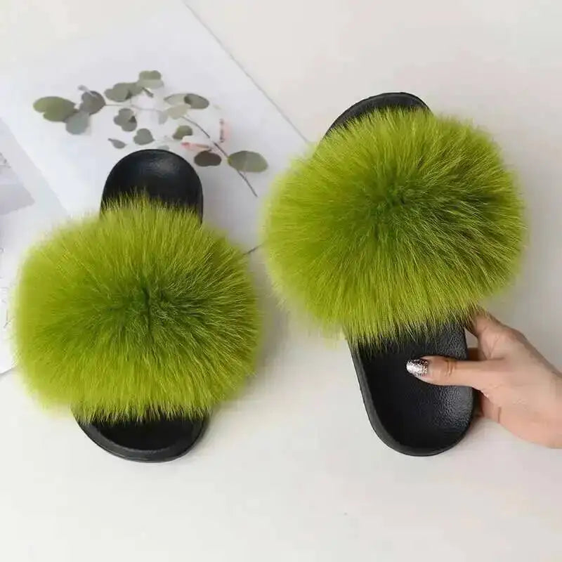 Ladies Real Fox Fur Slippers Summer Female Slides New Fuzzy Indoor Home Flats Women Cute Sandals Outdoor Beach Shoes Flip Flops