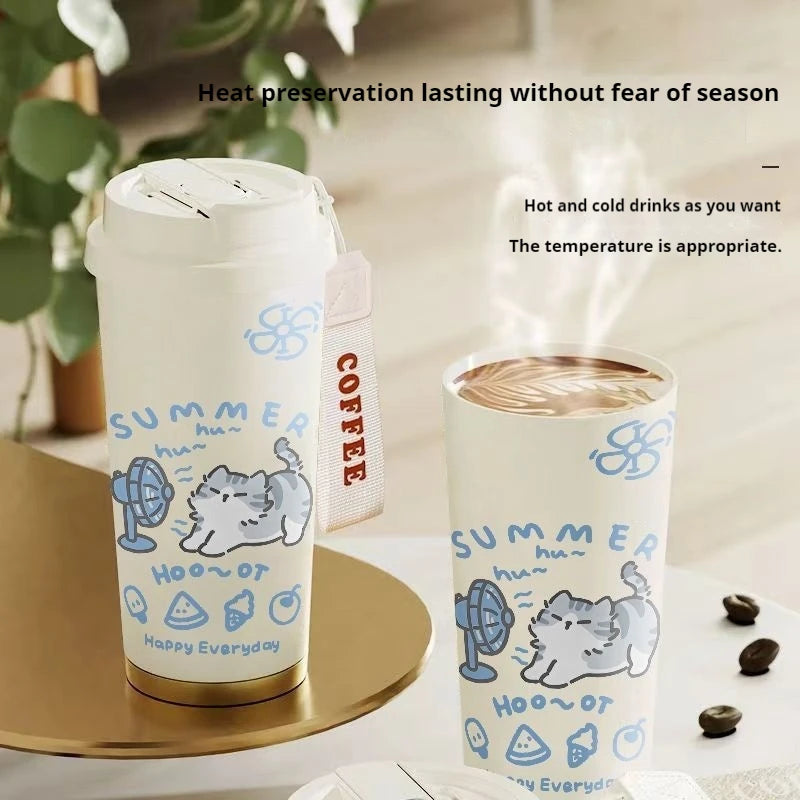 520ml Cute Cartoon Cat Insulated Cup High Appearance Stainless Steel Straw Cup Cold And Hot Insulation Double Drinking Cup