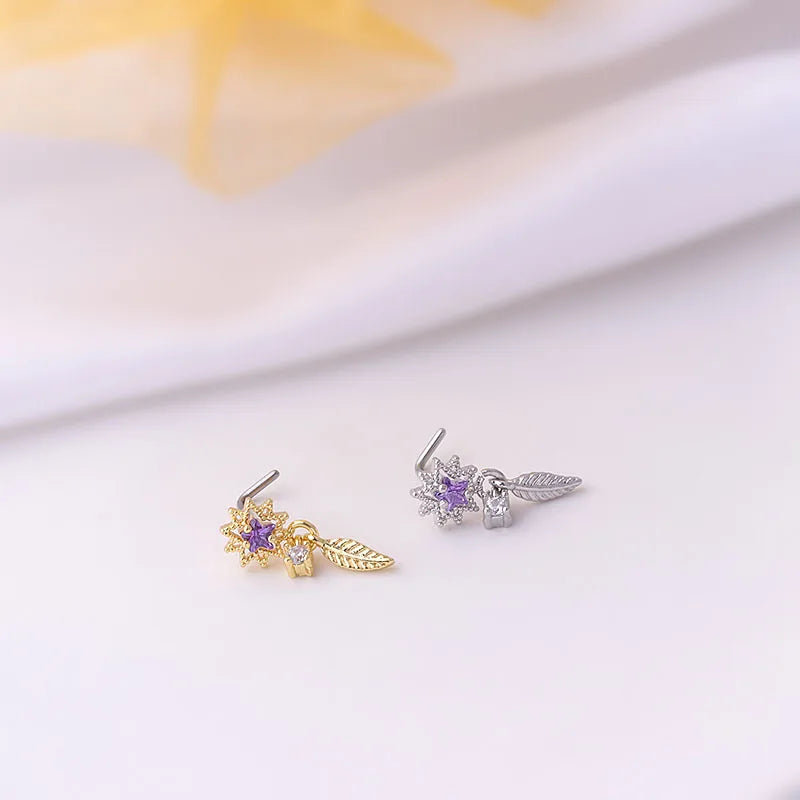 1Piece Fashion L Shaped Dangle Nose Studs Piercing 20G Stainless Steel Flower Moon Tassels Zircon Nostril Screw Piercing Jewelry