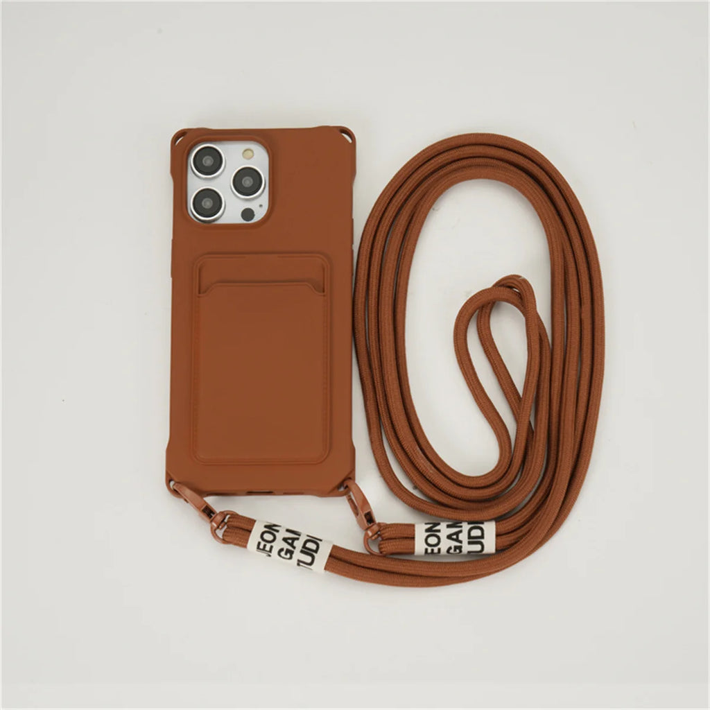 Phone Case for IPhone 17 Air 16E 16 15 Plus 14 12 13 11 Pro Max XS XR 8 7 Shockproof Silicone Card Slot Crossbody Necklace Cover