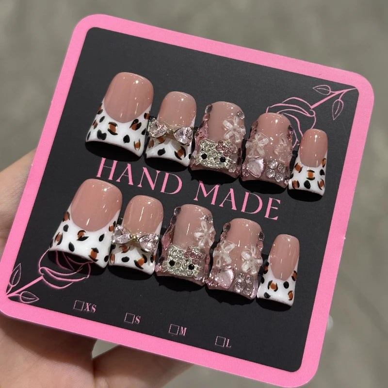 10pcs Sweet Bowknots Press on Nails Pink Leopard Print French Nail Tips with Glitter Diamond Decor Handmade Acrylic False Nail
