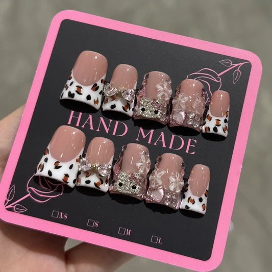 10pcs Sweet Bowknots Press on Nails Pink Leopard Print French Nail Tips with Glitter Diamond Decor Handmade Acrylic False Nail