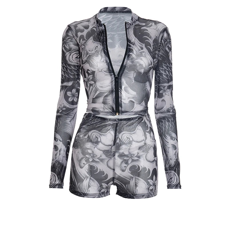 CUTENOVA Fall Women'S Sheer Patterned Print Set Zip-Up Crew Neck Long-Sleeve Top & Pleated Shorts Set Female Chic Streetwear
