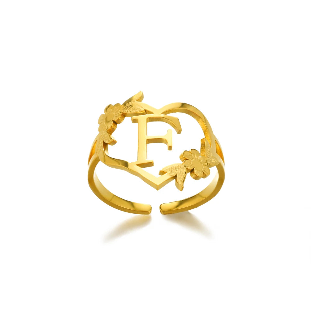 Stainless Steel Gold Color Heart A-Z Letter Rings For Women Anillos Mujer Love Open Initials Name Alphabet Ring Jewelry Gift