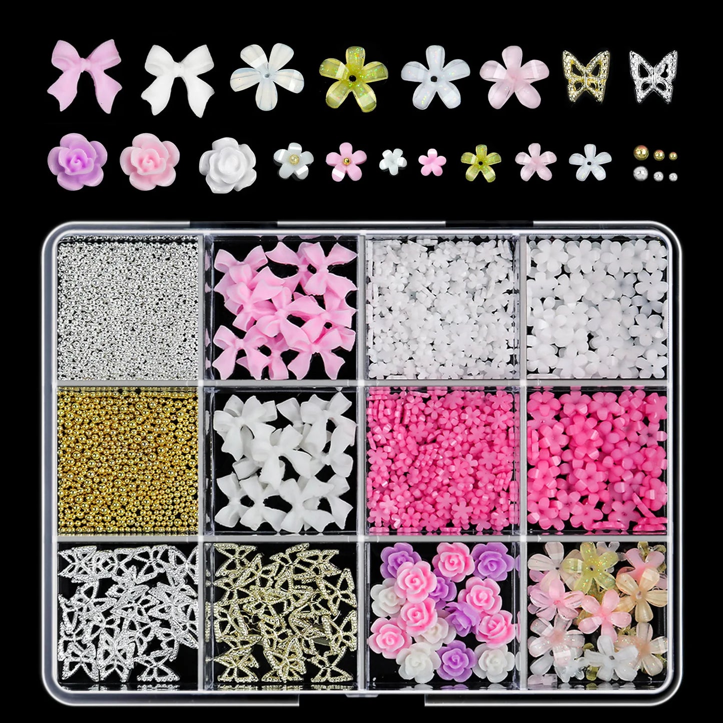 12/15Grids Acrylic Flower Nail Charms Mix Colors Set 3D Flower Nail Art Rhinestones Mixed Blossom Spring Gems DIY Nail Supplies