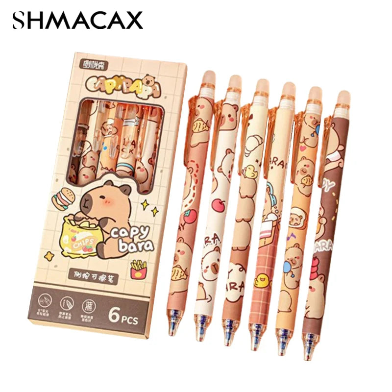 6Pcs Cute Capybara Erasable Pen Blue Ink Writing Smooth Quick-Drying Pens School Office Accessories Students Stationery Gift