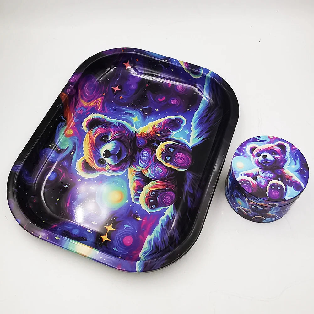 Herb Grinder With Rolling Tray 180*140MM Tobacco Smoke Roller 50MM Grinder 4 layers Kit Bear Ghost Print