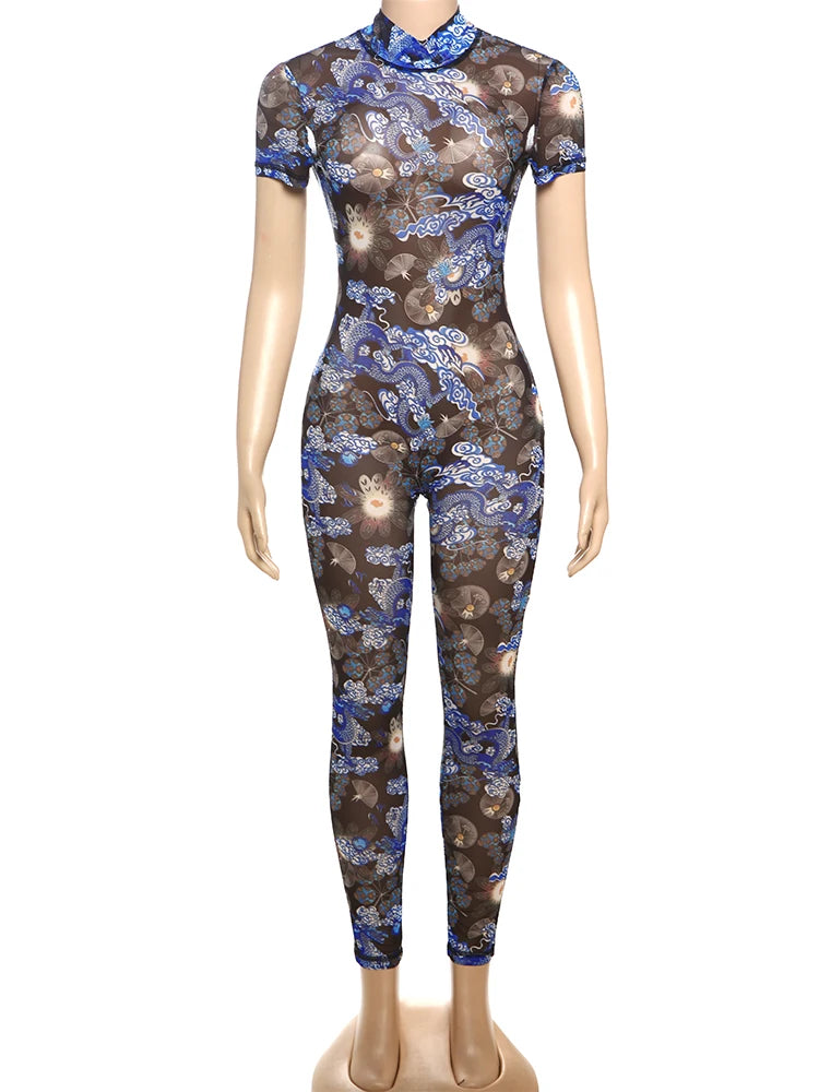 Nibber Colorful Print Jumpsuit Women Mesh  See Through Coquette Summer Backless Peach Buttocks Tight Activity Clubwear Overalls