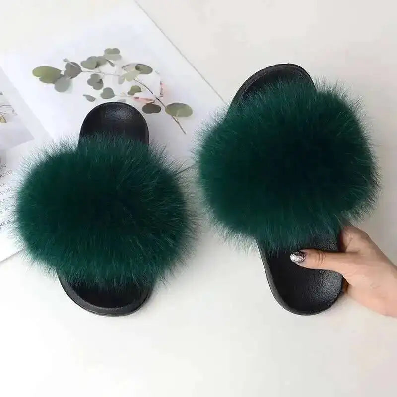 Ladies Real Fox Fur Slippers Summer Female Slides New Fuzzy Indoor Home Flats Women Cute Sandals Outdoor Beach Shoes Flip Flops