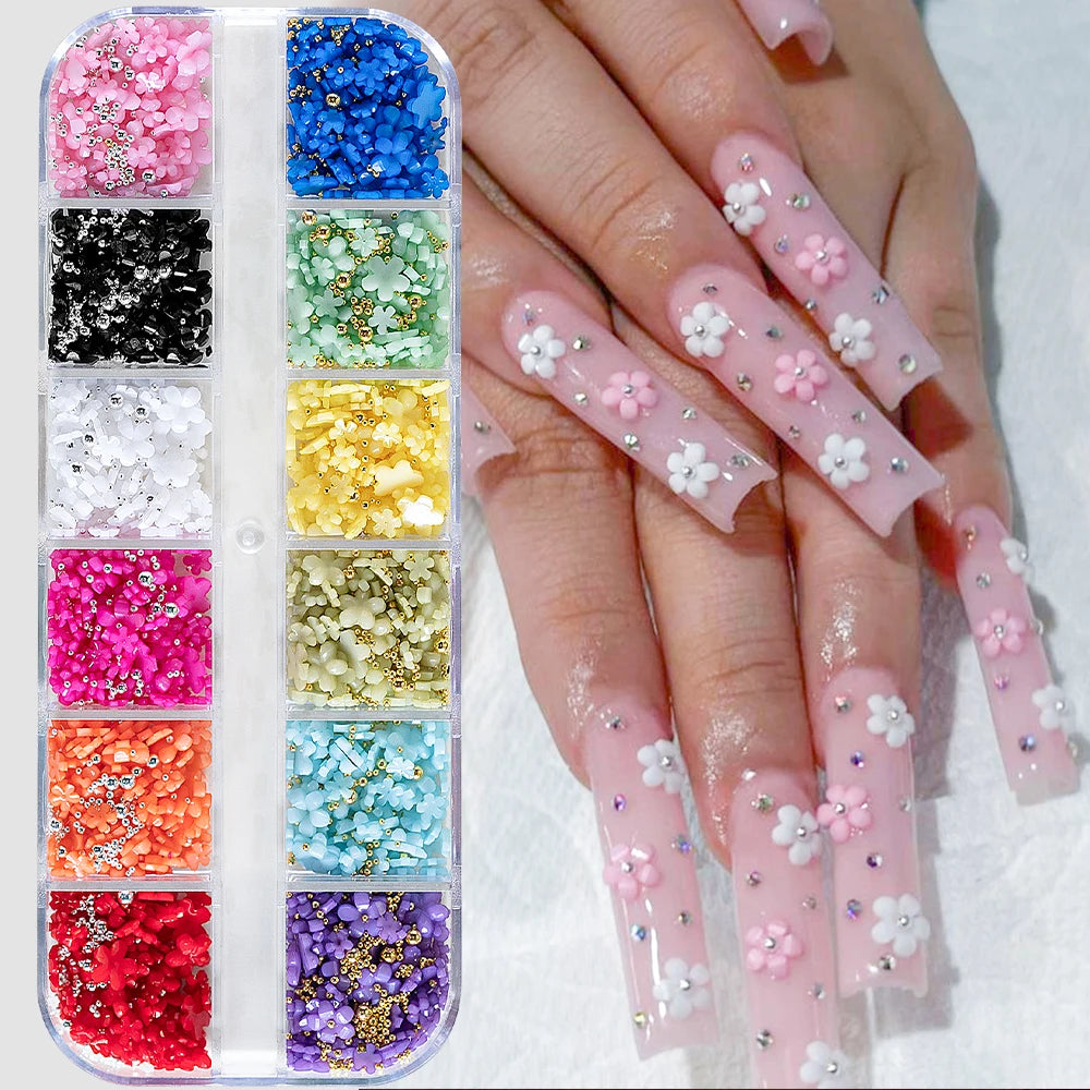 12/15Grids Acrylic Flower Nail Charms Mix Colors Set 3D Flower Nail Art Rhinestones Mixed Blossom Spring Gems DIY Nail Supplies