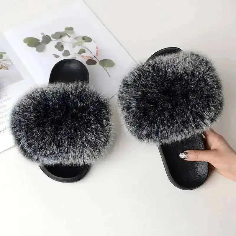 Ladies Real Fox Fur Slippers Summer Female Slides New Fuzzy Indoor Home Flats Women Cute Sandals Outdoor Beach Shoes Flip Flops