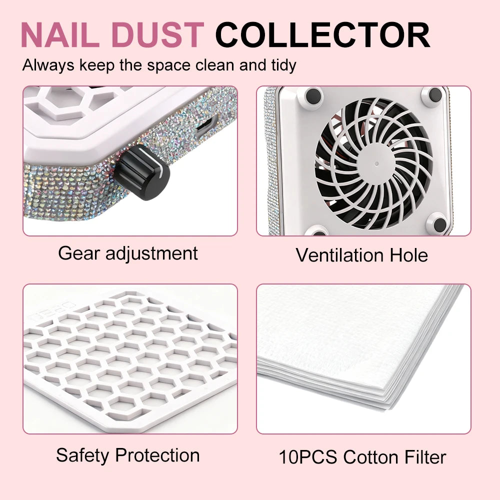 Nail Dust Collector with Rhinestones and Filter Pad, Powerful Vacuum Fan, Stepless Control Knob, Ideal for Acrylic Nail Salon To