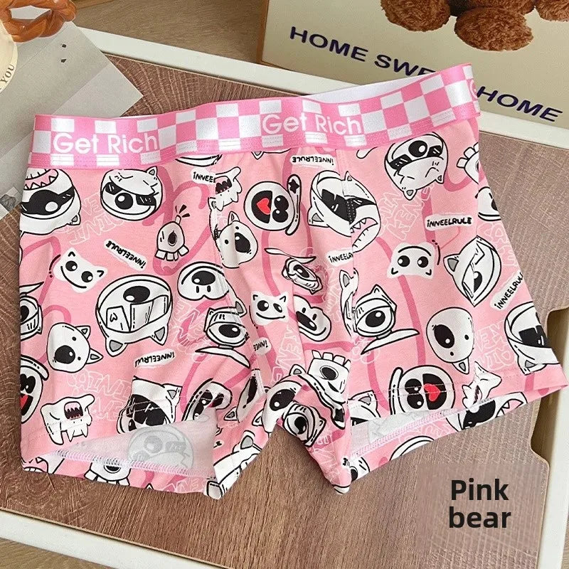 Trendy Pink Cotton Boxer Shorts for Men Cute Cartoon Design Bagged Four Corner Briefs Comfortable Breathable Men's Underwear