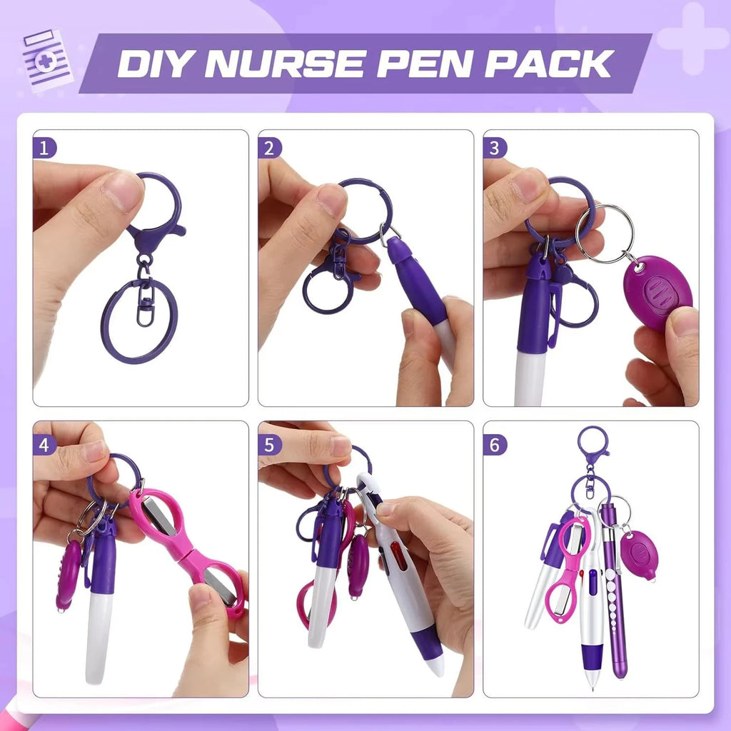 6in1 Multifunction Retractable Nurse Ball Pen Set Flashlight Foldable Scissors Ballpoint Pen Keychain Pens Permanent Marker