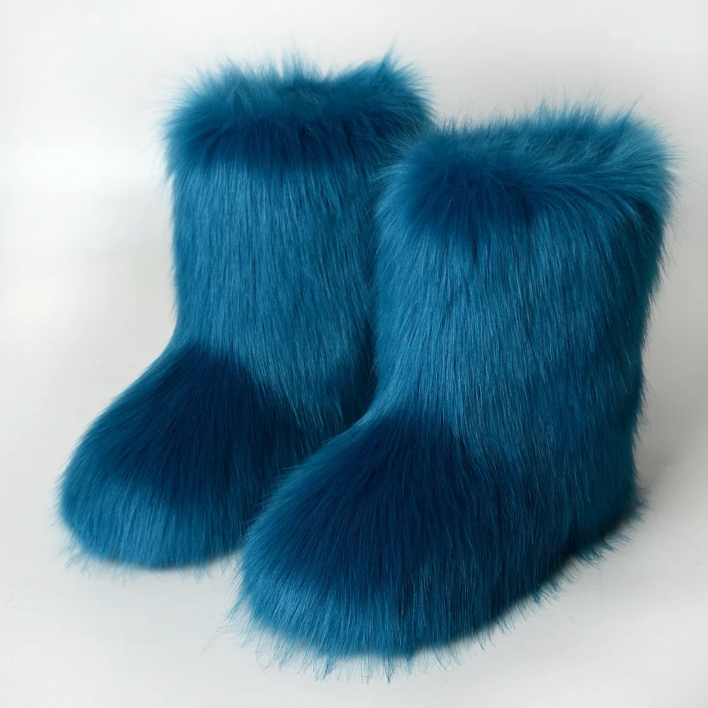 New Winter Fur Onepiece Raccoon Fur Female Snow Boots Fur Shoes Outdoor Mid Leg Boots