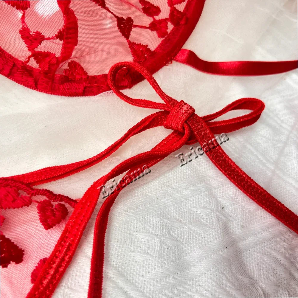 Erotic Lingerie Set Floral Embroidery Semi Sheer Lingerie Set, Intimates Bra & Thong, Women's Sexy Lingerie & Underwear