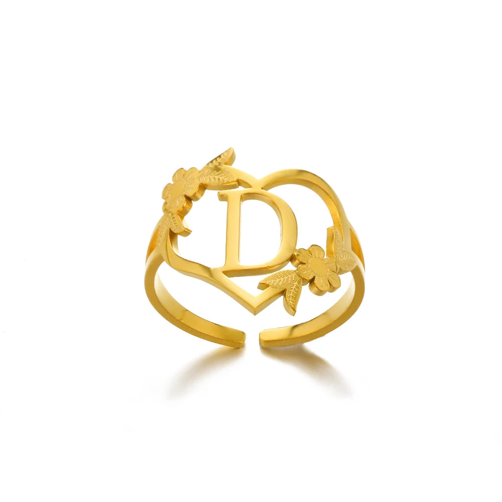 Stainless Steel Gold Color Heart A-Z Letter Rings For Women Anillos Mujer Love Open Initials Name Alphabet Ring Jewelry Gift