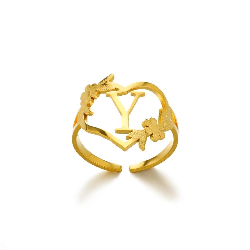 Stainless Steel Gold Color Heart A-Z Letter Rings For Women Anillos Mujer Love Open Initials Name Alphabet Ring Jewelry Gift