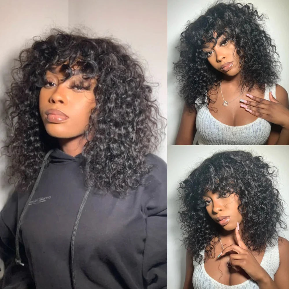 Curly Human Hair Wig with Wispy Bangs — 200% Density