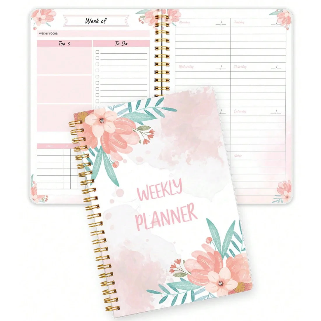 1pcFloral Weekly Planner Notebook, Spiral Weekly Journal with To Do List, Habit Tracker & Notes Pages