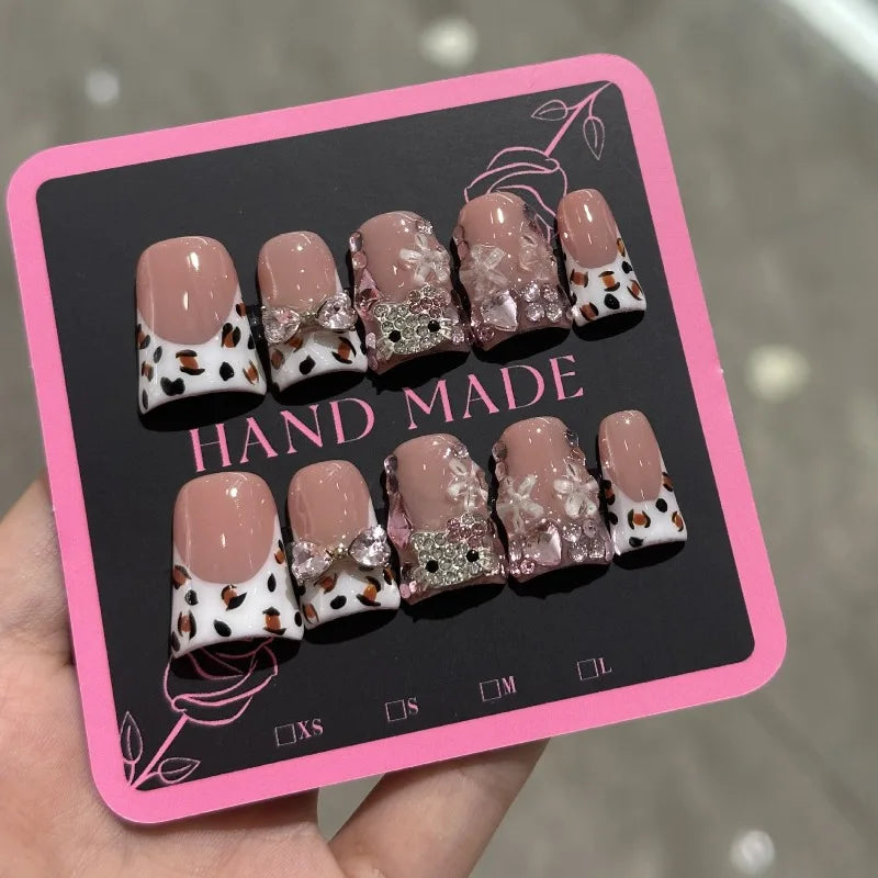 10pcs Sweet Bowknots Press on Nails Pink Leopard Print French Nail Tips with Glitter Diamond Decor Handmade Acrylic False Nail