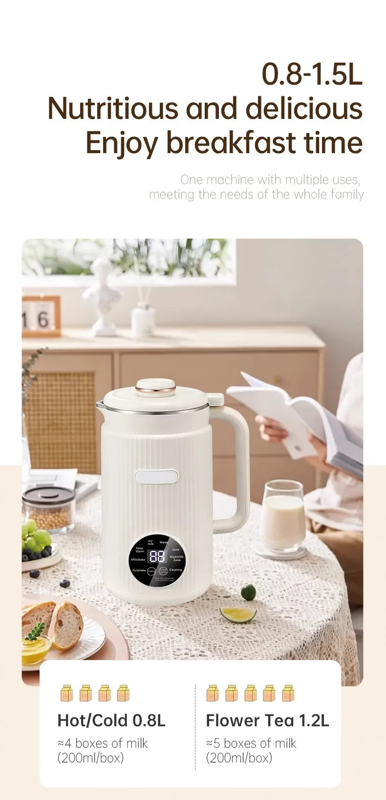 1200ML Electric Soybean Milk Machine Automatic Intelligent Food Blender Filter-free Soy Milk Maker Rice Paste Maker Kettle EU/US