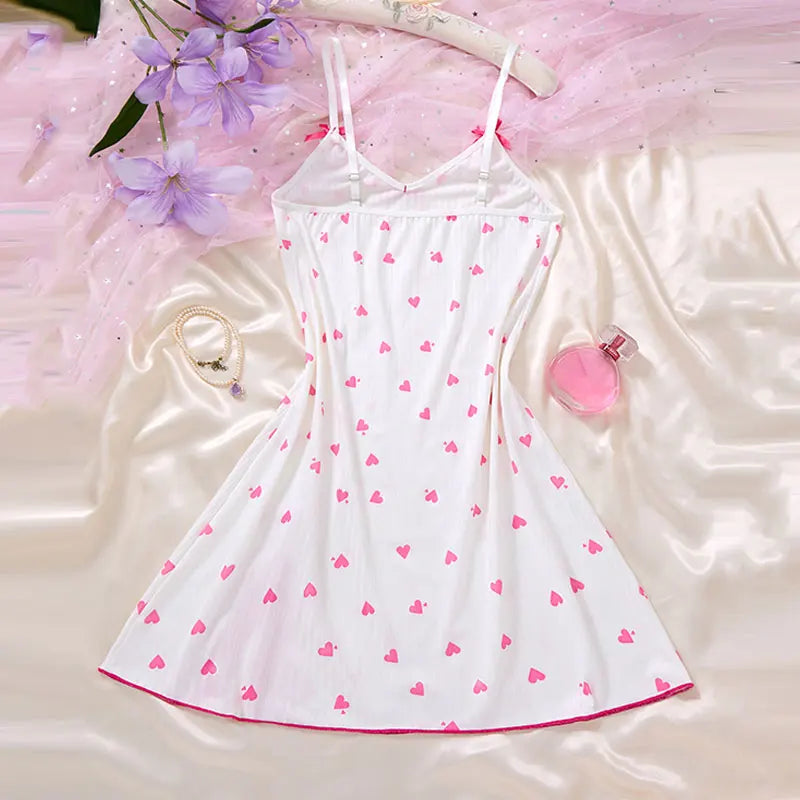 1 Set Of V-neck Women's Lingerie Sexy Suit Soft Bra Nightgown With Thong Intimates Underwear Heart Print Bras Briefs Night Dress
