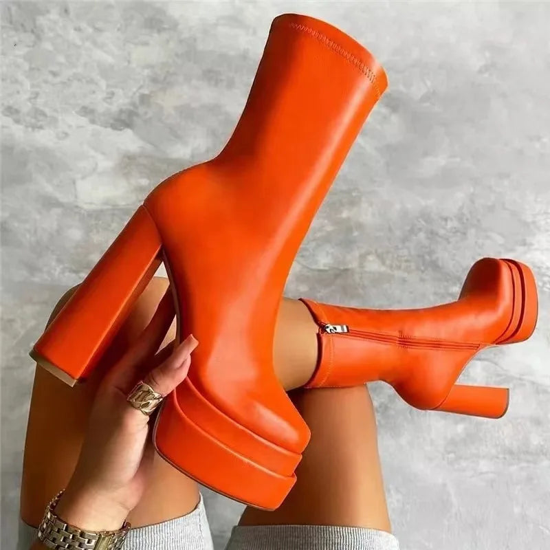 Luxury autumn/winter new double waterproof platform leather thick heel ankle boots women's large size high-heeled women's boots