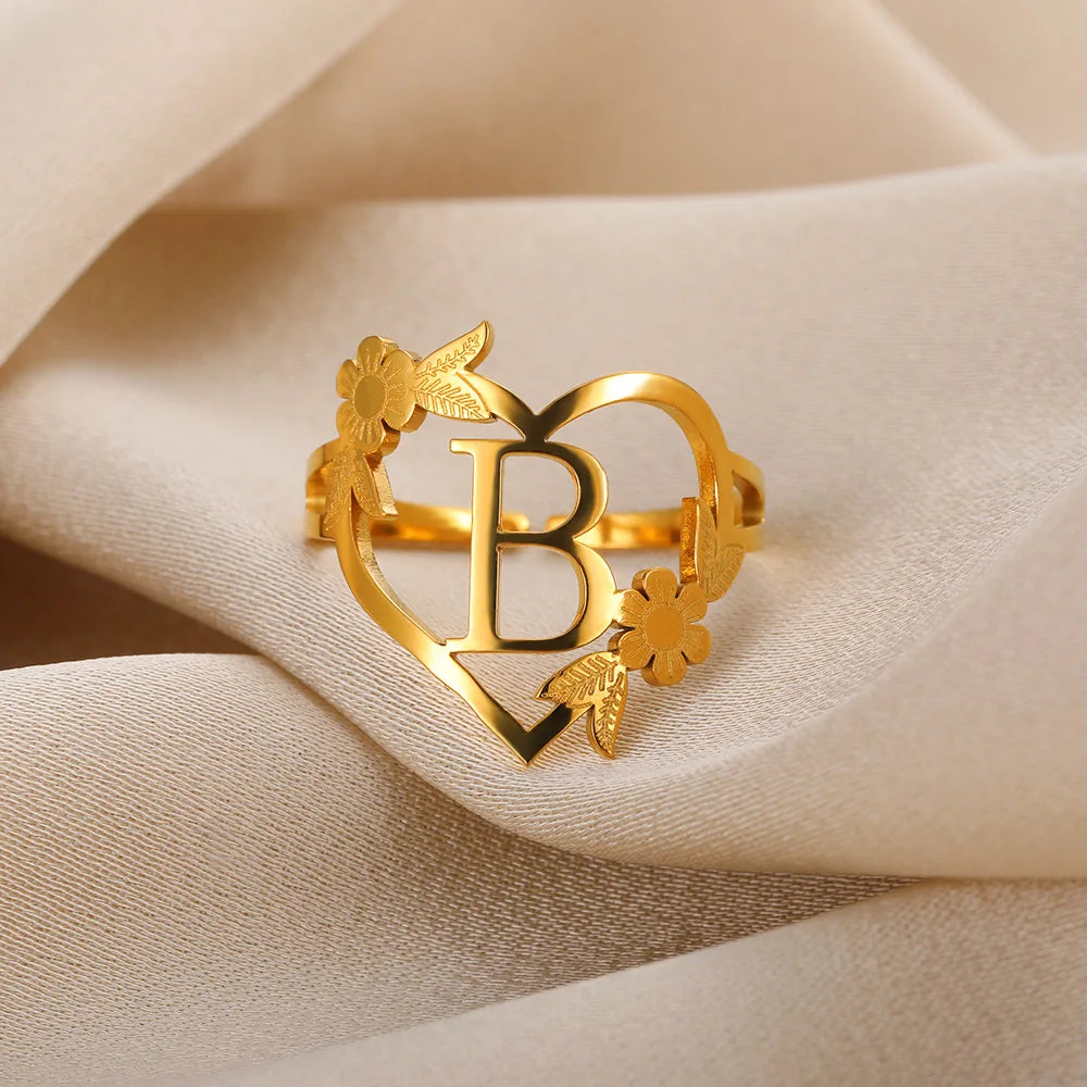 Stainless Steel Gold Color Heart A-Z Letter Rings For Women Anillos Mujer Love Open Initials Name Alphabet Ring Jewelry Gift