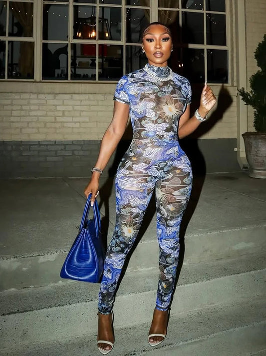 Nibber Colorful Print Jumpsuit Women Mesh  See Through Coquette Summer Backless Peach Buttocks Tight Activity Clubwear Overalls