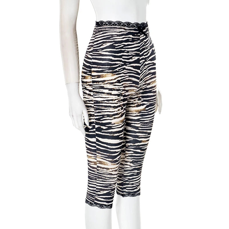 CUTENOVA Sexy Hottie Lace Edge Bow Decoration Leopard Print Slim Seven Pants Summer New Women'S Fashion Street Casual Seven Pant
