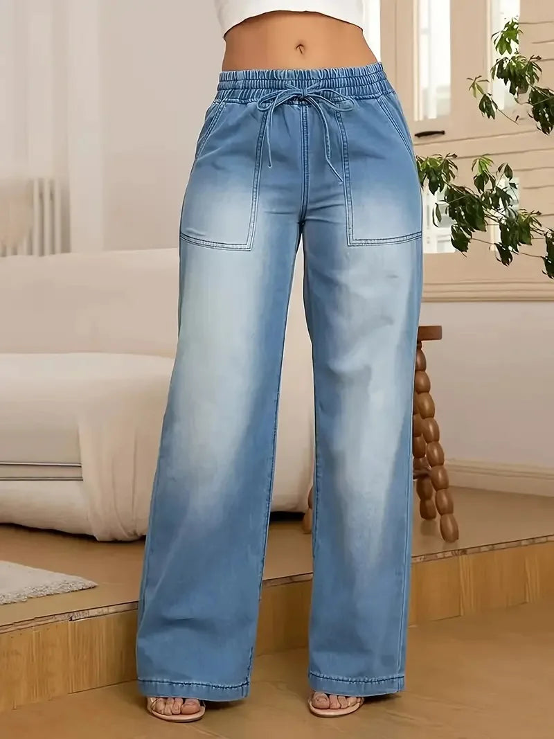 Women Jeans Wide Leg Pants Streetwear Denims Drawstring High Waist Washed Distressed Pockets Female Vintage Straight Trousers