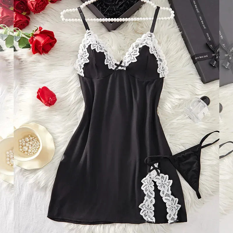 1 Set Of V-neck Women's Lingerie Sexy Suit Soft Bra Nightgown With Thong Intimates Underwear Heart Print Bras Briefs Night Dress
